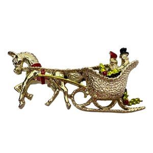 Vintage Gerrys Christmas Sleigh Horse Brooch Couple Holly Accents Gold-Tone Chic